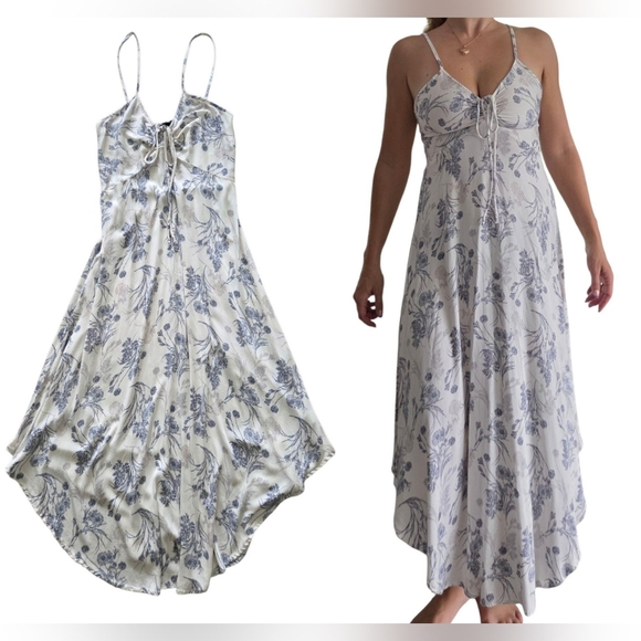 Smocked Bodice Midi Maxi Dress Sz Small Babydoll Assimetrical Flowy Coquette - Picture 1 of 16